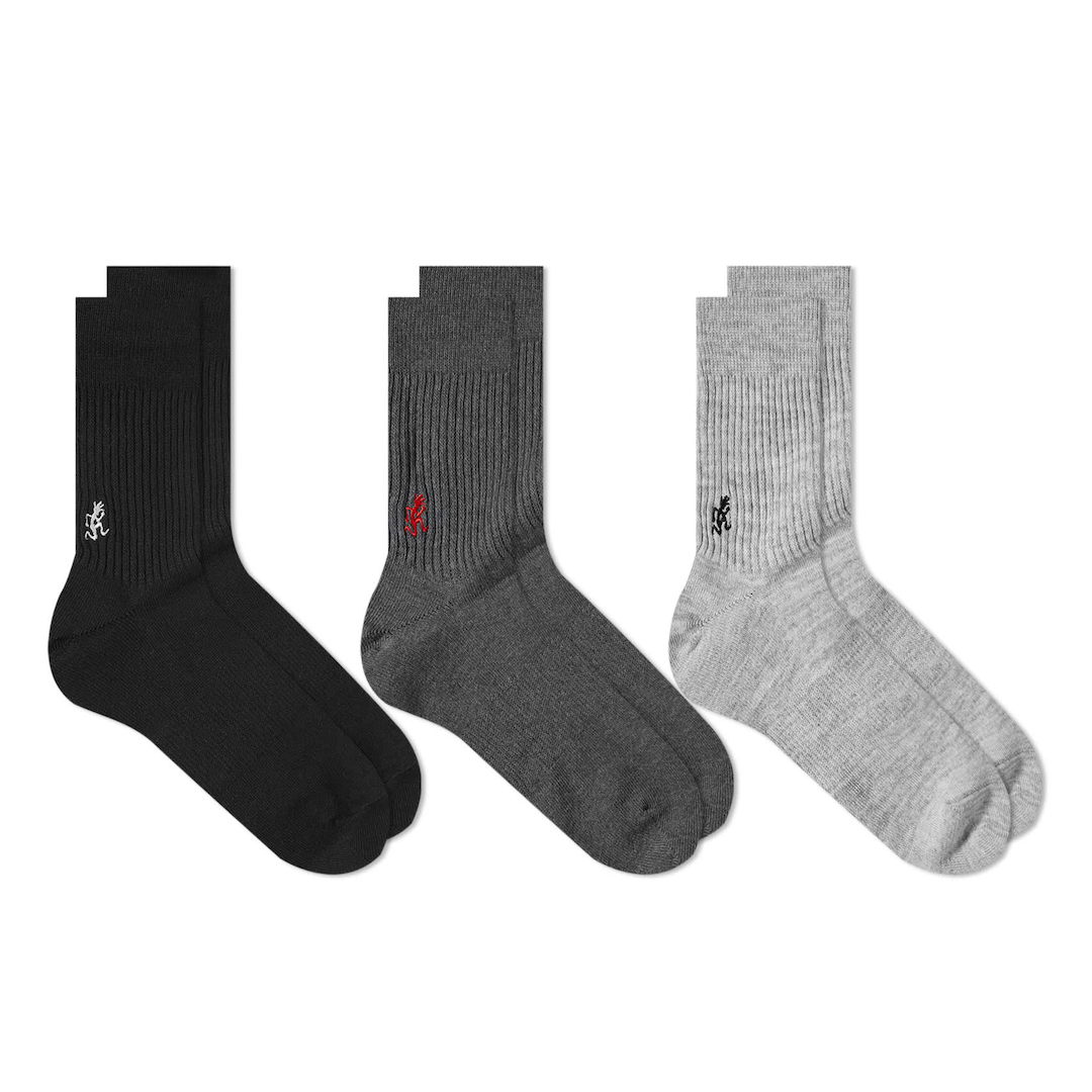 Gramicci Basic Crew Socks 3 Pack Grey + Charcoal + Black