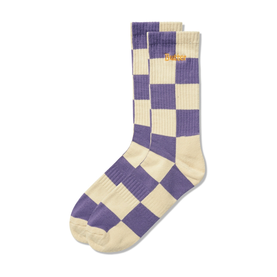 Butter Goods Checkered Socks Eggplant + Tan