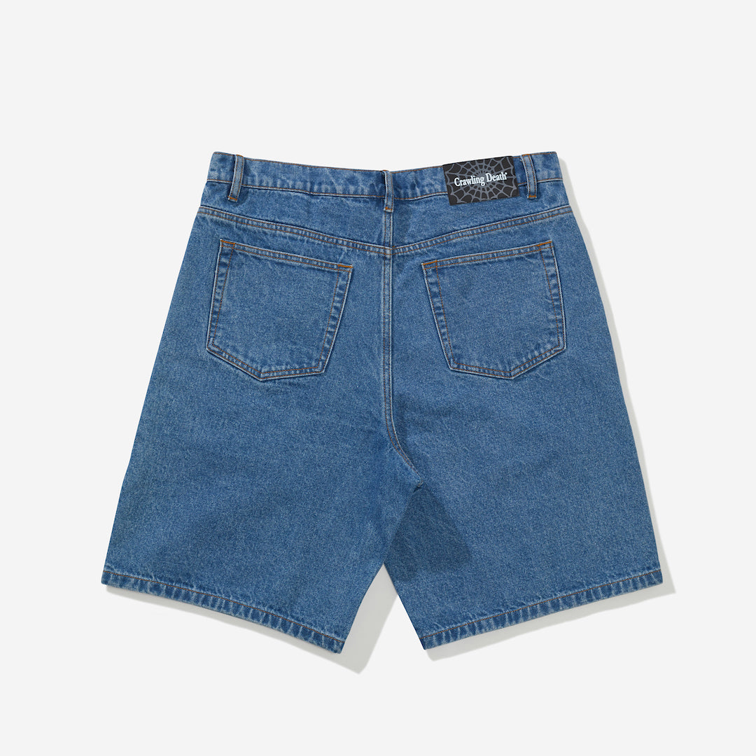 Crawling Death Web Denim Short Mid Blue