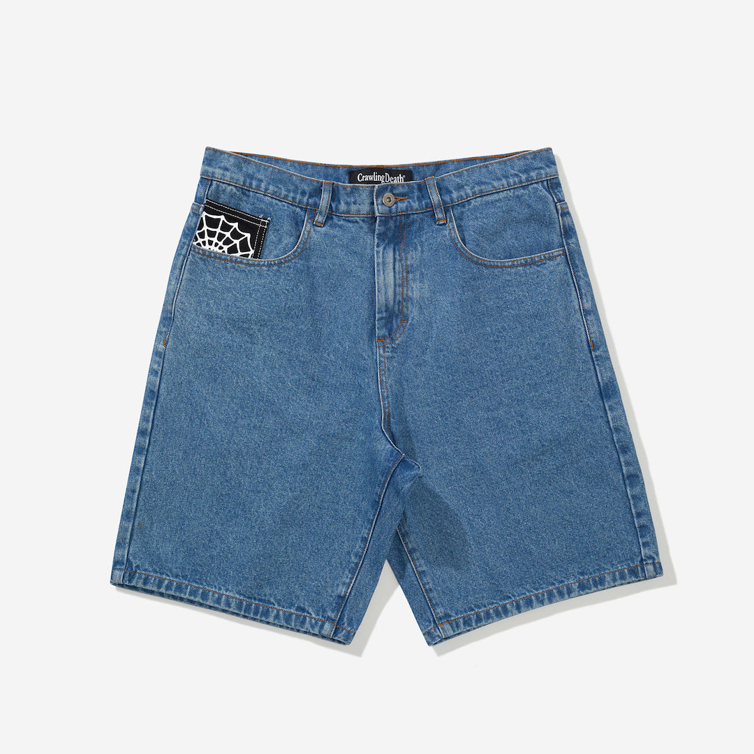 Crawling Death Web Denim Short Mid Blue