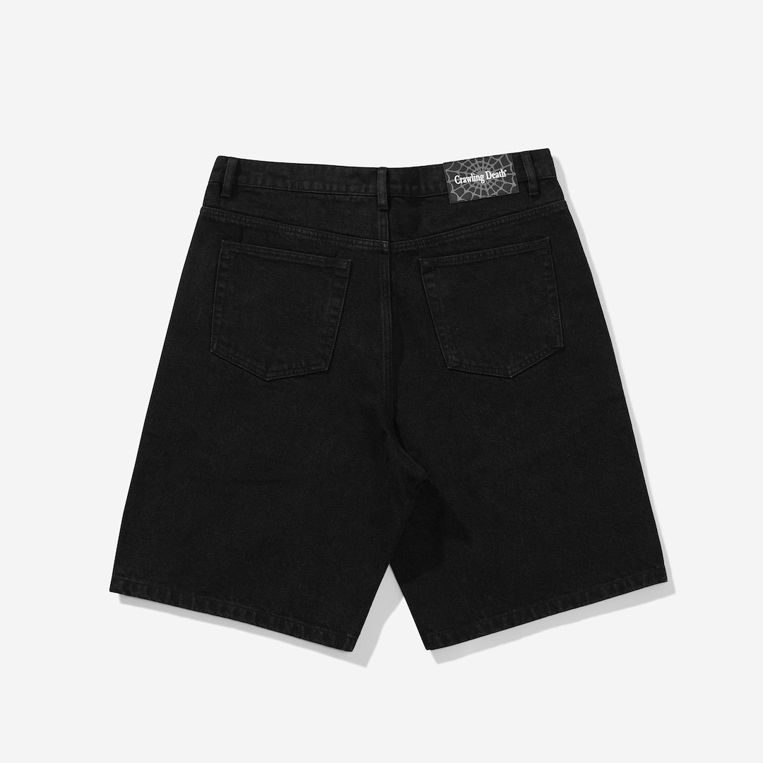 Crawling Death Web Denim Shorts Black
