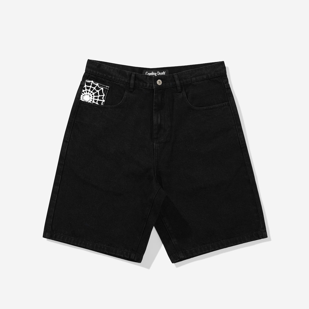 Crawling Death Web Denim Shorts Black