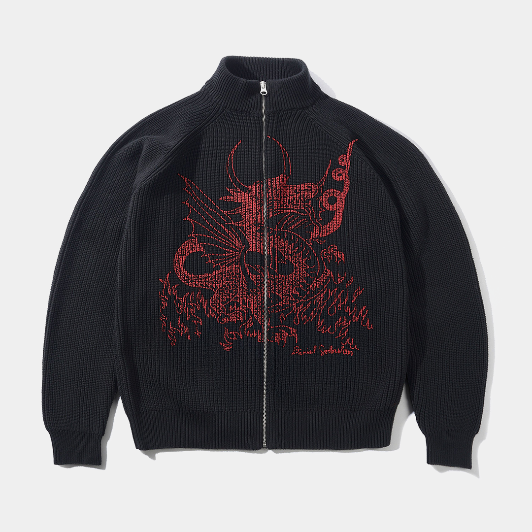 Butter x Daniel Johnston Dragon Knit Zip-Thru Sweater Black + Red