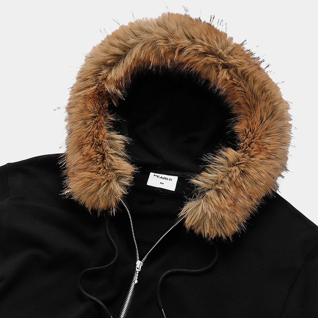 Pearls Fur Zip Hood Black