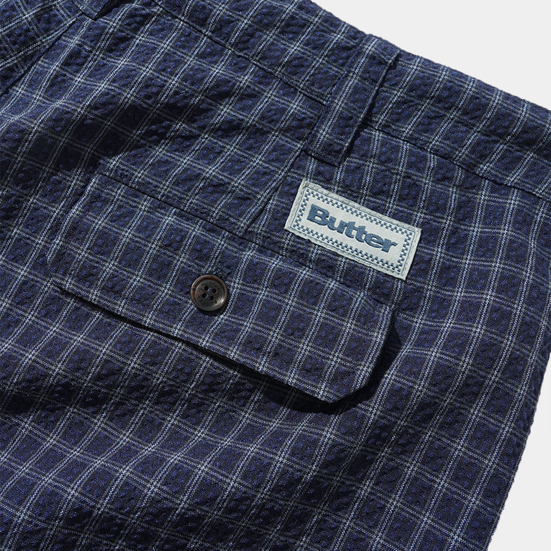 Butter Seersucker Pleated Shorts Navy Plaid