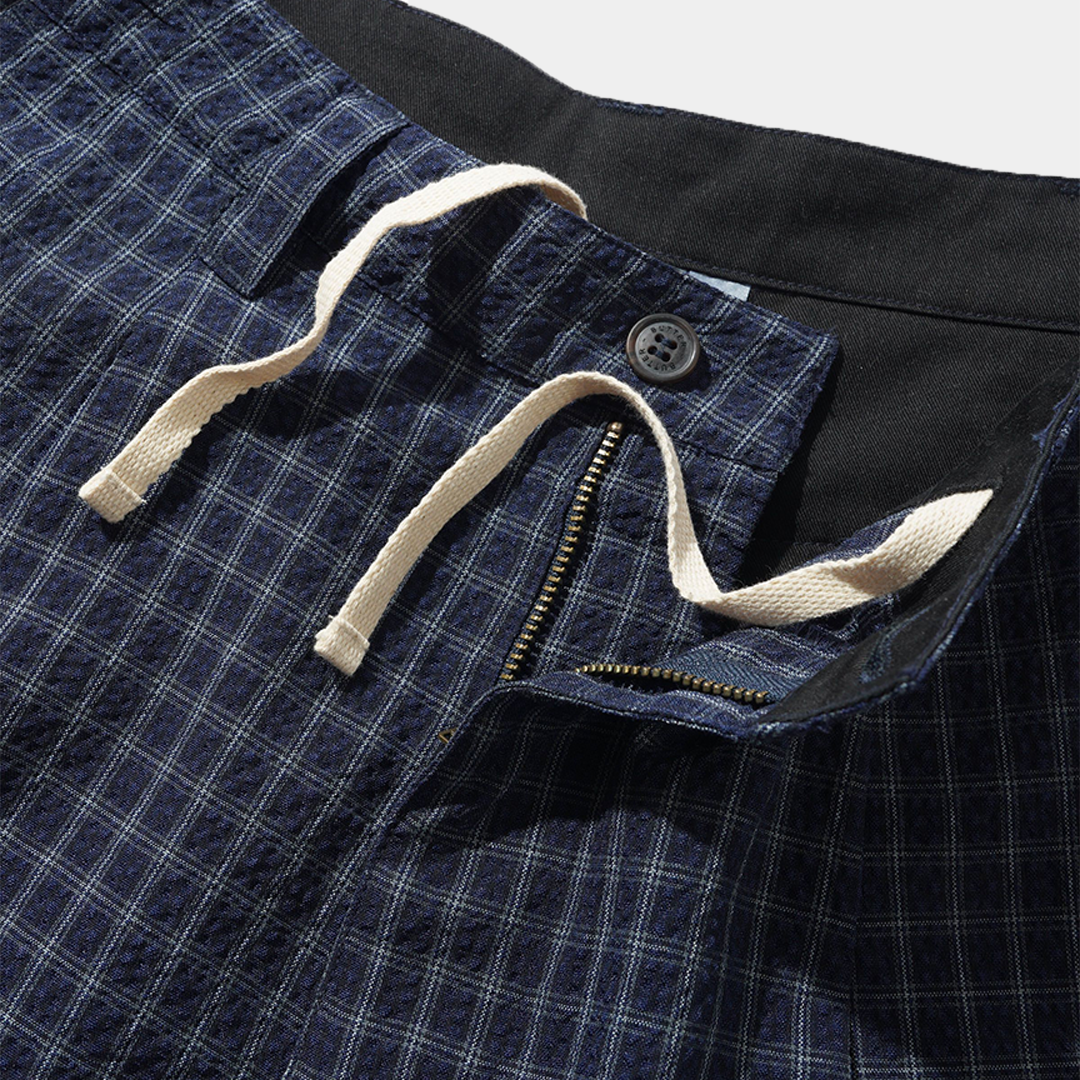 Butter Seersucker Pleated Shorts Navy Plaid