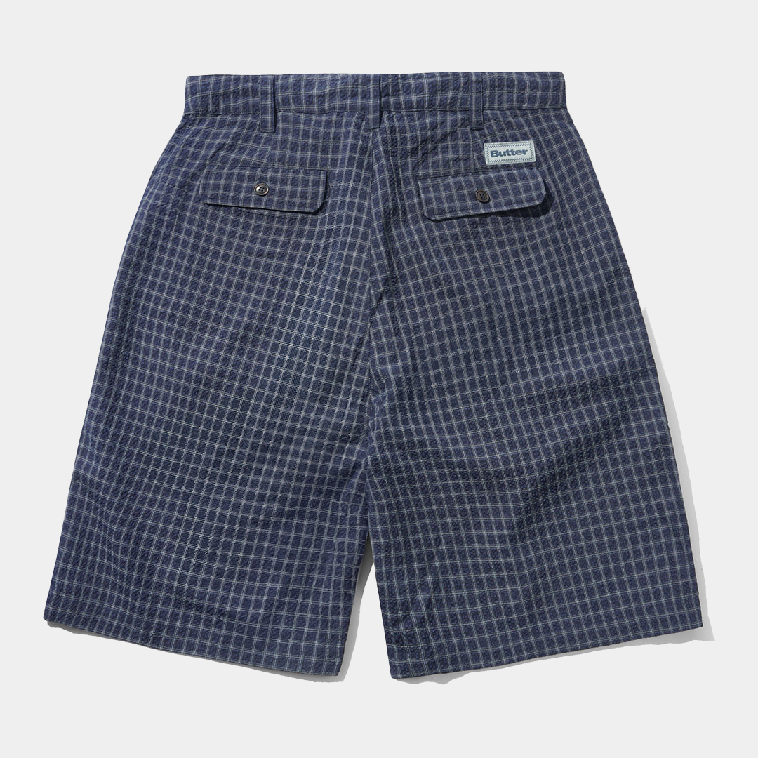 Butter Seersucker Pleated Shorts Navy Plaid