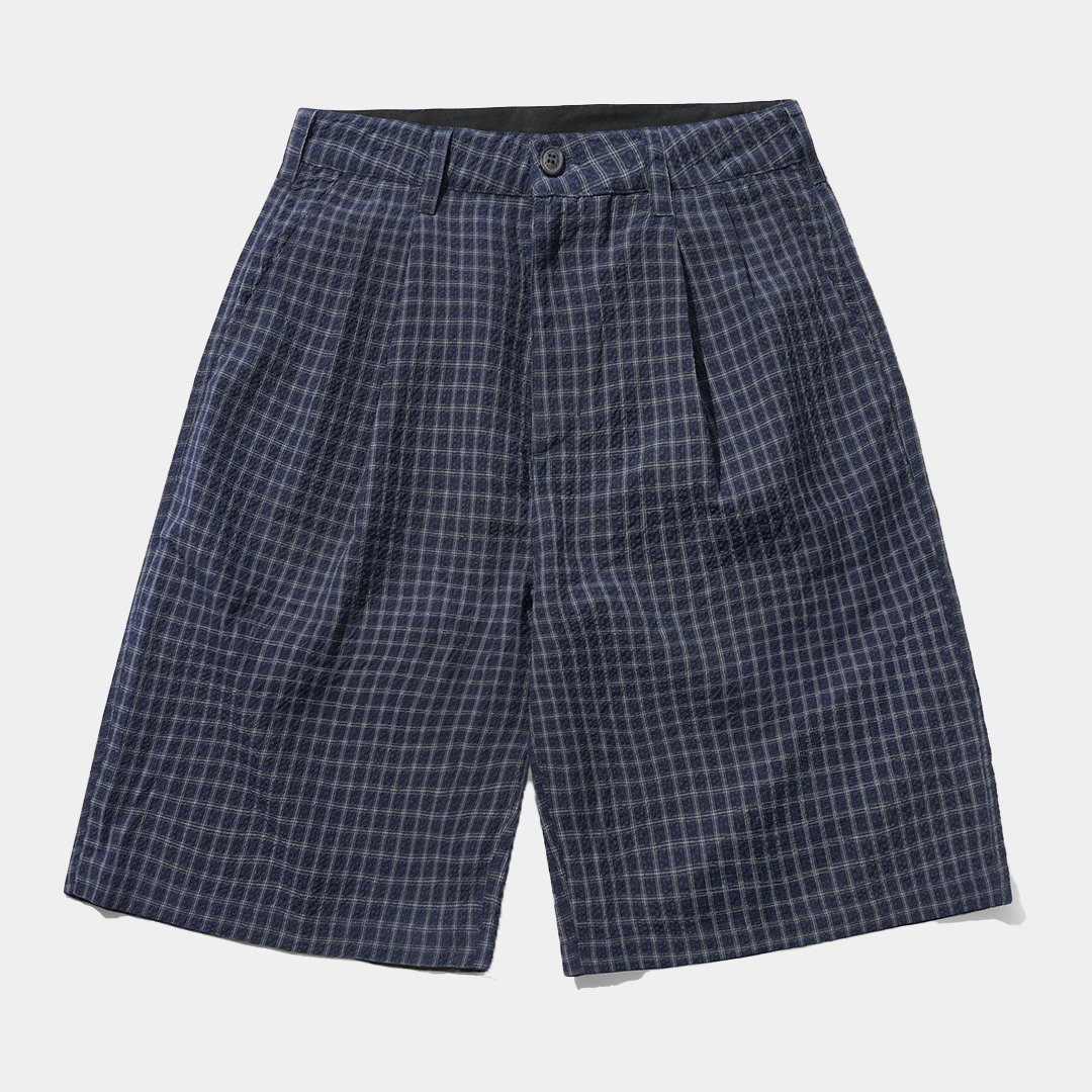 Butter Seersucker Pleated Shorts Navy Plaid
