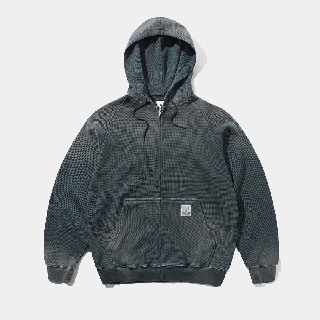 Butter Faded Waffle Zip-Thru Hood Washed Black